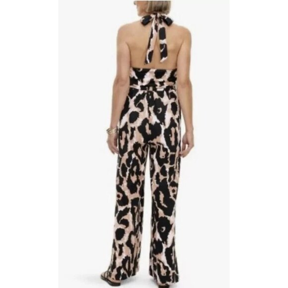 Diane Von Furstenberg Stylish Leopard Print Halter Neutral Jumpsuit Size Large - Picture 5 of 14